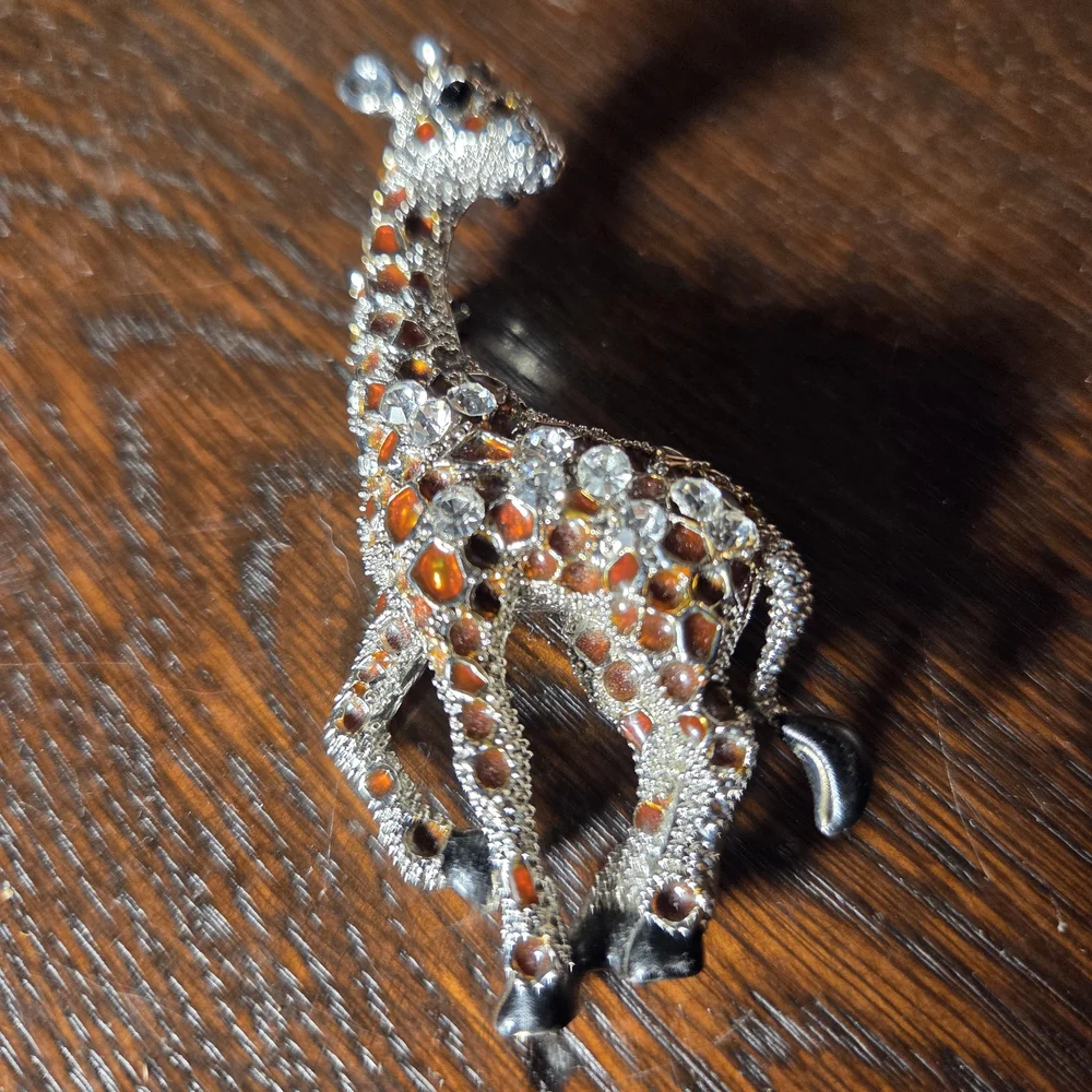 Vintage Orange and Silver Giraffe Brooch - Vintage